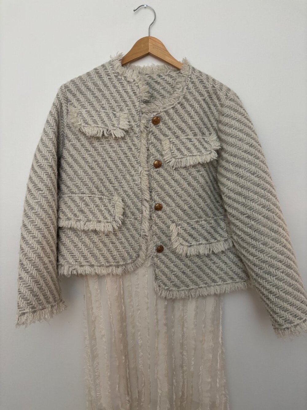 Source Unknown Cream and Gray Tweed Fringe Boxy Blazer